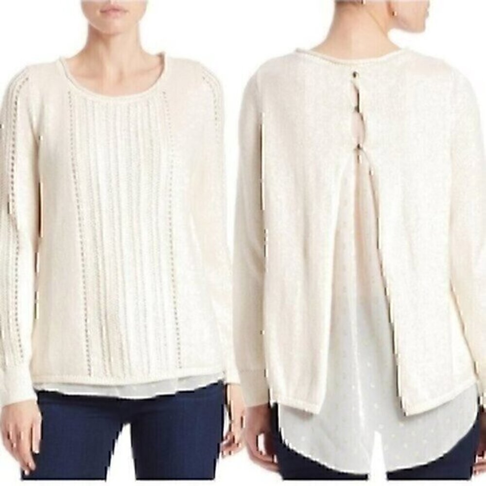 LUCKY BRAND Split Back Sweater Beige Cream Oatmeal Twofer Metallic Mixed Media S